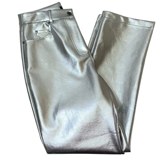 7 For All Mankind Silver Metallic Coated Straight Leg Pants Size Medium NWT - Picture 13 of 13